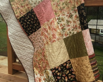 Floral and Stripe Patchwork Quilt, Pink Cream Green Black Quilt, Bed Coverlet