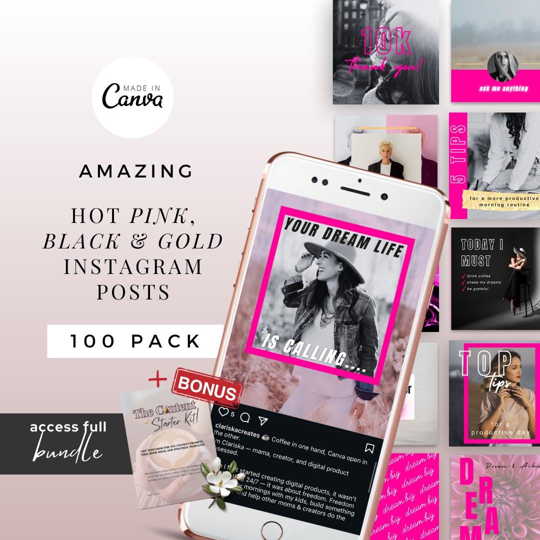 Hot Pink Instagram Templates | 100 Editable Canva Posts for Bold Brands ...