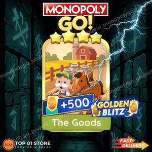 Może przedstawiać: Cyfrowa karta do gry Monopoly Go zatytułowana The Goods, przedstawiająca postać z kreskówki z białymi wąsami, brązowego konia i czerwoną stodołę. Karta zawiera cztery żółte gwiazdki, symbol plus 500 oraz odznakę Golden Blitz z efektem błyskawicy.