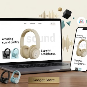 May include: A laptop and a smartphone displaying a website for headphones. The screen shows beige, black, and light blue headphones with the text Amazing sound quality and Superior headphones. Three physical pairs of headphones sit in the foreground.