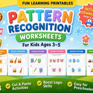 May include: Colorful printable worksheets for kids aged 3-5, designed for pattern recognition. The image features various themed patterns, including land animals, music, study, spring, winter, and vehicles. Includes the text "Fun Learning Printables" and "Instant Download Print & Play!"