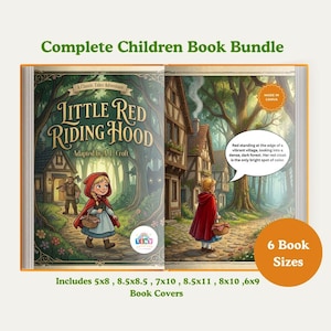 May include: A children's book bundle featuring Little Red Riding Hood with illustrations of a character in a red cloak and a woodcutter. The text reads Complete Children Book Bundle, Little Red Riding Hood, Adapted by A. L. Croft, and 6 Book Sizes.