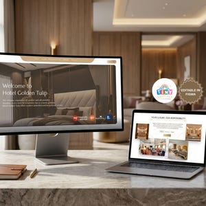 May include: A computer monitor and a laptop displaying a website for Hotel Golden Tulip. The monitor shows a hotel room interior, while the laptop displays a page titled Your Luxury, Our Responsibility. A notebook, pen, and coffee cup are on the desk.
