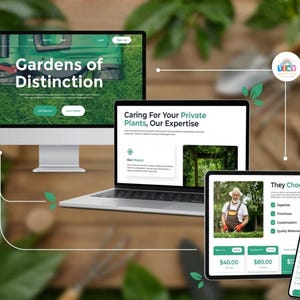 Può includere: Un mockup di modello di sito web digitale visualizzato su un monitor desktop, un portatile, un tablet e uno smartphone. Gli schermi presentano un branding per servizi di giardinaggio con il testo Gardens of Distinction e They Choose Us.
