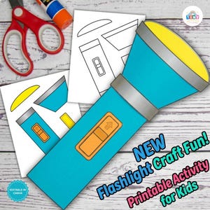 Puede incluir: Una manualidad de papel de linterna azul y amarilla con una banda gris, un interruptor naranja y un haz de luz amarillo. Incluye dos hojas de papel blanco con contornos negros de las piezas, tijeras rojas y una barra de pegamento.
