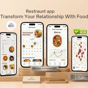 May include: Four smartphones displaying a restaurant app interface. The screens show meal planning, order confirmation, and restaurant locations. The app is called Restraunt, with the tagline "Transform Your Relationship With Food."