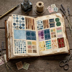 May include: An open journal with aged, cream-colored pages featuring various watercolor swatches, including blue circles, brown stripes, green hexagons, and grid patterns. The journal is surrounded by a fountain pen, ink bottle, twine, stamps, and lavender.