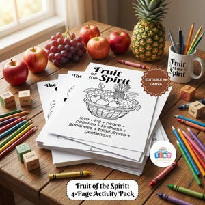 May include: A 4-page activity pack titled Fruit of the Spirit with a coloring page of a fruit basket, surrounded by red apples, a pineapple, colored pencils, wooden blocks labeled Love and Joy, and a mug with the text Fruit of the Spirit.