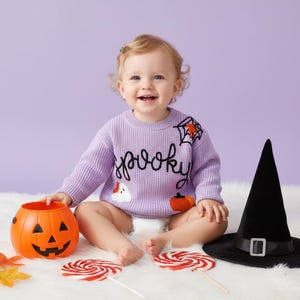 Embroidered Halloween Baby Sweater, Premium Spooky Toddler Pullover, Machine Stitched Nordic Minimalist Kids Pumpkin Clothes