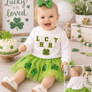 St Patricks Day Baby Girl Clothes Lucky Charm Chenille Patch Sweatshirt Green Clover Tutu Skirt Toddler First Birthday Spring Set