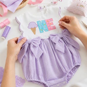 Ice Cream Cone 1st Birthday Romper, Soft Purple Seersucker Bubble Girl Outfits, One Sweet Year Toddler Summer Birthday Party Attire