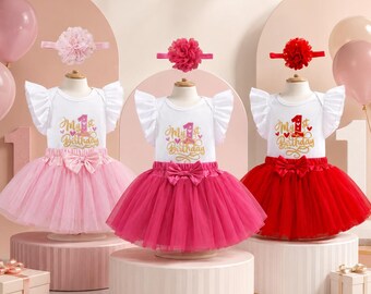 Completo per il primo compleanno di una bambina: set di 3 pezzi con tutù, top ricamato con maniche a volant e cerchietto con fiori, ideale per una festa fotografica indimenticabile.