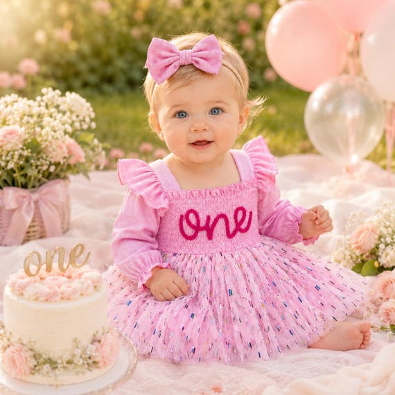 Sweet One First Birthday Outfit Baby Girl, Pink Confetti 1st Birthday Dress, Machine Embroidered One Romper, Cake Smash Outfit with Bow