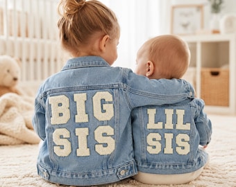 Conjunto de chaqueta vaquera "Hermana Mayor" y "Hermana Menor", chaquetas vaqueras personalizadas bordadas para hermanas, regalo para baby shower, conjunto de accesorios para fotos de cumpleaños.