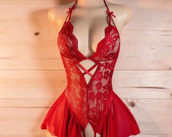Red Lace Bodysuit Lingerie One Piece Babydoll Sleepwear Romantic Nightwear Bridal Lingerie