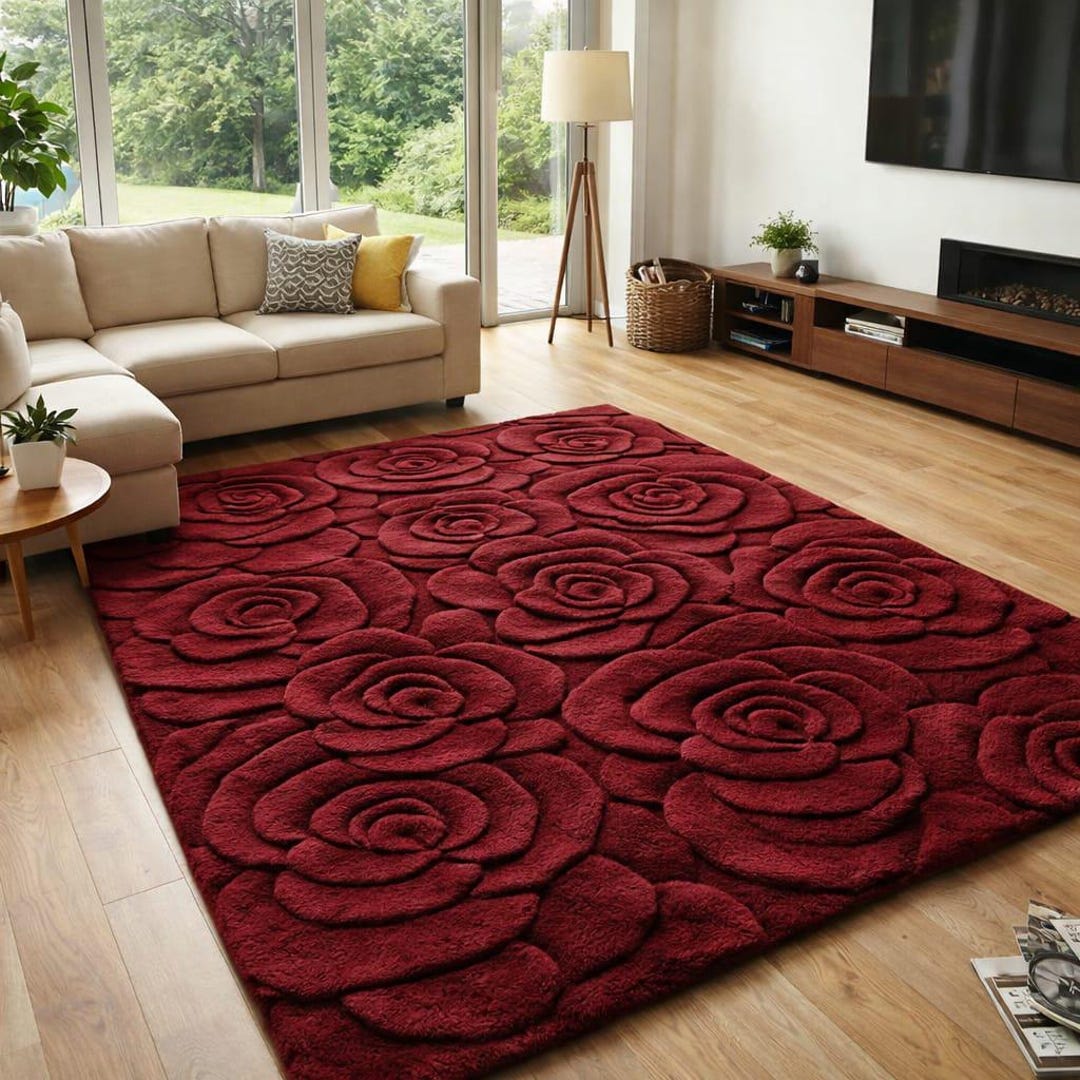 Handmade Red Wool Rug | Tufted Rose Floral Area Rug - Etsy