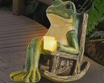 Lámpara solar impermeable de resina con forma de rana para jardín, decorativa y enchufable para exteriores.