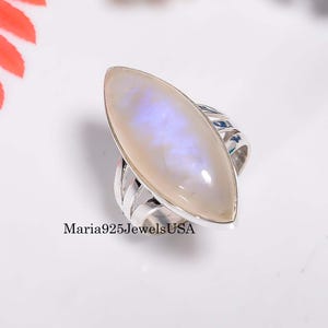 Handmade Marquise Rainbow Moonstone Ring – 925 Sterling Silver Boho Statement Jewelry