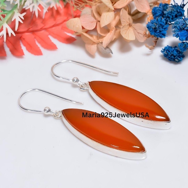 Natural Carnelian Earrings- 925 Sterling Silver Dangle Earrings , Orange Teardrop Boho Jewelry, Women's Gift