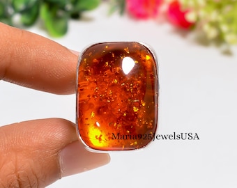 Natural Baltic Amber Ring: Sterling Silver Rectangle Cabochon Statement Ring