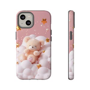 Cute Teddy Bear iPhone Case, Pink Cloud Phone Cover, Kawaii Pastel Bear Tough Case, Gift for Her, Gloss Or Matte Finish