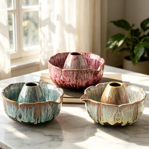 May include: Three ceramic bundt cake moulds in teal, burgundy, and yellow-brown. Each mould has a central cone and a scalloped edge. The moulds are displayed on a marble surface.