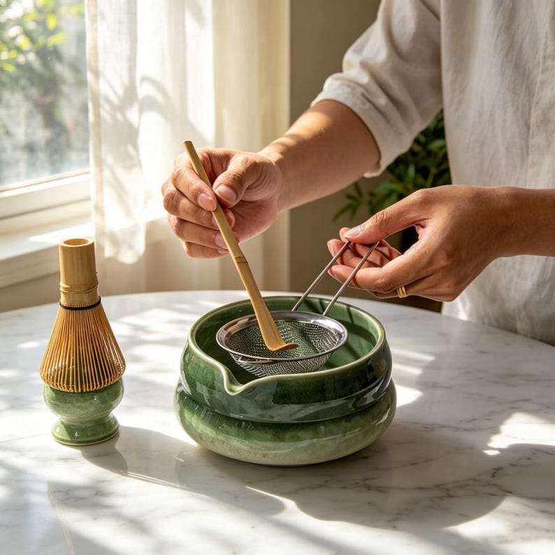 May include: A light green ceramic matcha bowl with a pouring spout, a bamboo matcha whisk resting on a matching ceramic stand, a fine-mesh metal strainer, and a long, thin bamboo scoop used for preparing powdered green tea.