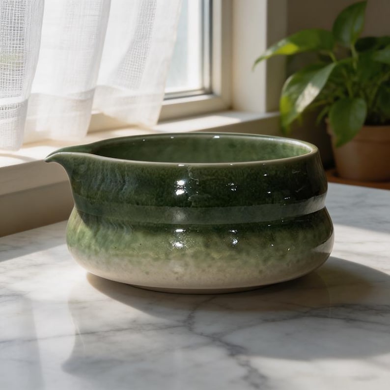 May include: A ceramic mixing bowl with a spout, featuring a glossy glaze that transitions from a deep forest green at the rim to a lighter sage green and a pale cream base. The bowl has a rounded, wide body with a subtle horizontal ridge.
