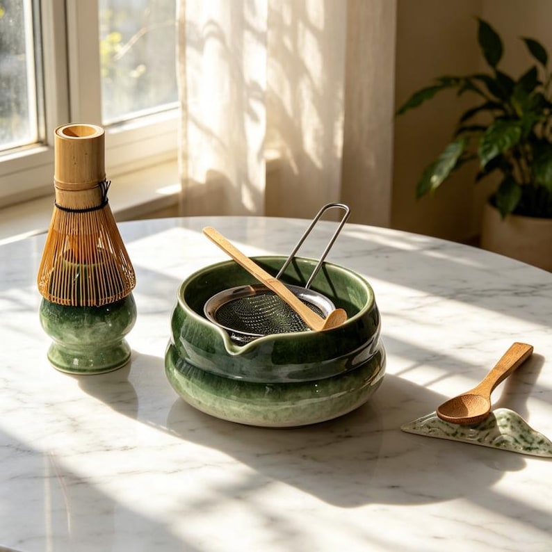 May include: A matcha tea set featuring a green ceramic whisk holder with a bamboo whisk, a green ceramic bowl containing a metal mesh strainer and a bamboo scoop, and a small green ceramic spoon rest with a wooden spoon.