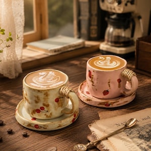 May include: Two ceramic coffee cups with saucers, each filled with latte art. One cup is light pink with strawberry designs, the other is cream-coloured with cherry designs. Both have rope-wrapped handles and sit on a wooden surface.
