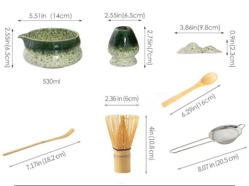 May include: A matcha tea set including a green speckled ceramic bowl with a 5.51 inch diameter, a 2.75 inch tall whisk holder, a 3.86 inch wide mountain-shaped rest, a 6.29 inch wooden spoon, a 7.17 inch bamboo scoop, a 4 inch whisk, and a 8.07 inch strainer.