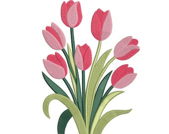Tulip Bouquet Embroidery Design, Spring Wildflower Machine Embroidery, Pastel Flowers PES DST (Instant Download)