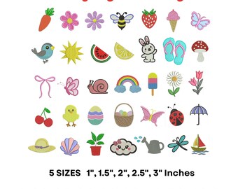 Mini icone primaverili, set di icone estive per ricamo a macchina: floreali, frutta, spiaggia, insetti, icone di Pasqua