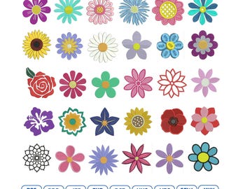 30 Colorful Flowers Embroidery Designs | Daisy, Sunflower, Poppy, Rose Flower Bundle (Digital Download)