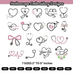 Nurse Embroidery Designs , Stethoscope Heart Embroidery Set - 7 Sizes (Digital Download)