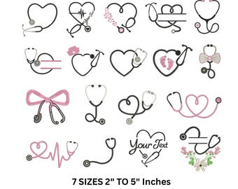 Krankenschwester Stickdateien Set, Stethoskop Herz Stickdateien Set - 7 Größen (Digitaler Download)