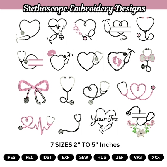 Nurse Embroidery Designs , Stethoscope Heart Embroidery Set - 7 Sizes (Digital Download)