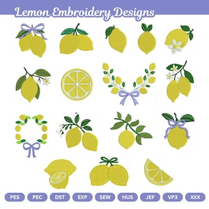 Motifs de broderie citron, fichiers machine à tranche d'agrumes, fruits d'été (téléchargement instantané)