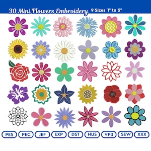 30 diseños de mini bordados de flores / Paquete de flores bordadas / Archivos digitales de margaritas, amapolas y girasoles