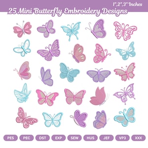 Puede incluir: Una colección de 25 mini diseños de bordado de mariposas en varios colores, incluyendo rosa, morado y azul. Las mariposas son de diferentes estilos y tamaños, con medidas de 2.5, 5.1 y 7.6 cm. El texto en la parte superior dice "25 Mini Butterfly Embroidery Designs".