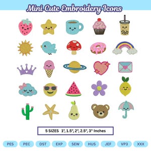May include: A collection of twenty-five colorful embroidered patches featuring cute faces on icons including a strawberry, star, mug, cupcake, boba tea, sun, bird, mushroom, donut, rainbow, crown, ice cream, planet, heart, envelope, cloud, smiley, watermelon, flower, lemon, cactus, starfish, pear, bear, and umbrella. Text reads: Mini Cute Embroidery Icons. 5 SIZES 1", 1.5", 2", 2.5", 3" Inches.