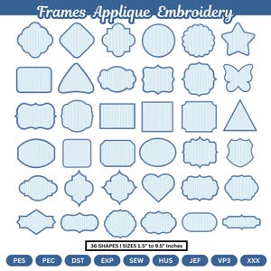 May include: A collection of 36 blue applique embroidery frame shapes in various designs, including circles, squares, and stars. The text "Frames Applique Embroidery" is at the top, with sizes ranging from 1.5 to 9.5 inches.