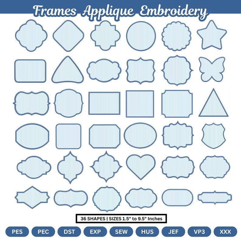 Monogram Frame Applique Design Set, 36 Shape Appliques Embroidery, Border Frames, Circle, Rectangle PES DST
