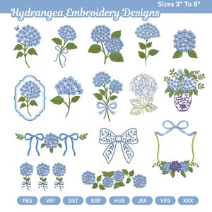 Può includere: Una collezione di ricami di ortensie blu in vari stili, tra cui fiori singoli, bouquet ed elementi decorativi come fiocchi e cornici. I disegni variano in dimensioni da 7,6 a 20,3 cm. Il testo "Hydrangea Embroidery Designs" è in alto.