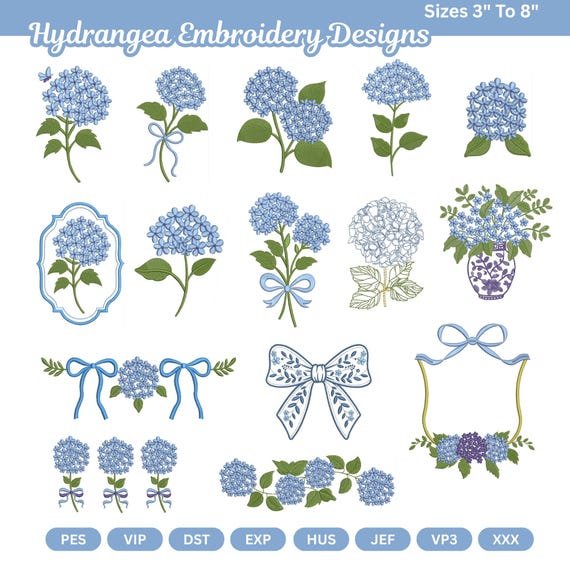 Blue Hydrangea Embroidery Designs, Delicate Spring Floral Machine Files, Mini Hydrangea Flowers