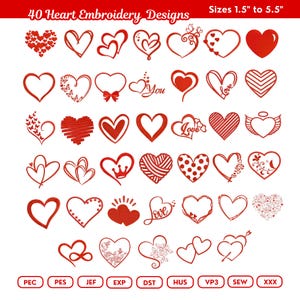 Paquete de diseños de bordado a máquina de mini corazones / Conjunto de 40 corazones únicos de amor para San Valentín