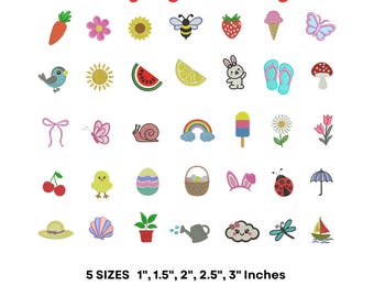 Mini Spring Icons, Summer Machine embroidery Icon Set Floral, fruits, Beach, Insects, Easter icons