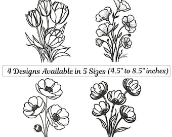 Outline Flowers Machine Embroidery Designs | Embroidered Line Art Flower | Minimalist Flowers | Wildflower Bouquet