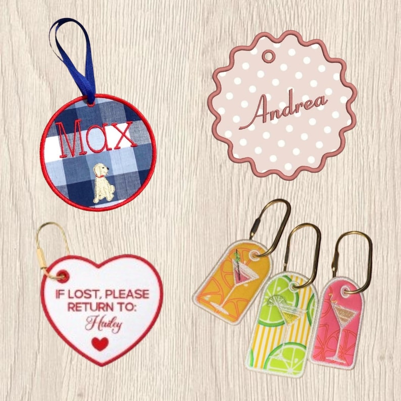 May include: A collection of embroidered tags and ornaments including a round blue plaid tag with the name Max and a dog, a scalloped pink polka dot tag with the name Andrea, a heart-shaped tag with the text IF LOST, PLEASE RETURN TO: Hailey, and three rectangular cocktail-themed tags.