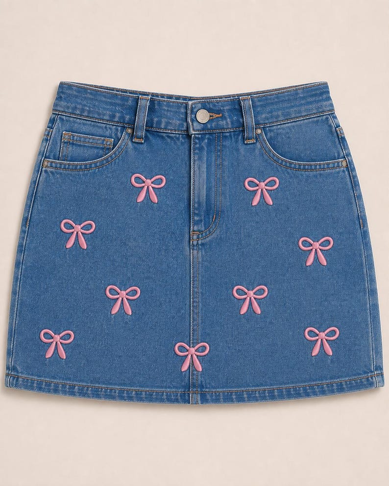 May include: A blue denim mini skirt featuring a repeating pattern of embroidered light pink bows. The skirt includes a standard waistband with belt loops, a metal button closure, a front zipper fly, and two front pockets with visible stitching.